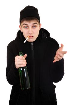 Hooligan with a Beer and Cigarette Isolated on the White Background