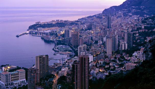 Horizontal cityscape panorama on the Monaco in the dawn, shot with medium format camera.