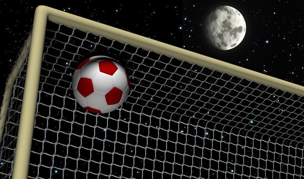 Soccer foot ball moving to the goal net at night background