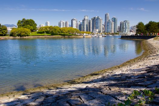 Panoramic view of Vancouver skyline as seen from Stanley Park, BC, Canada