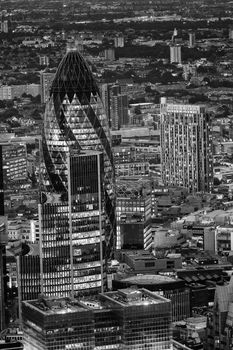 Lights of London financial skyline. Aerial view.