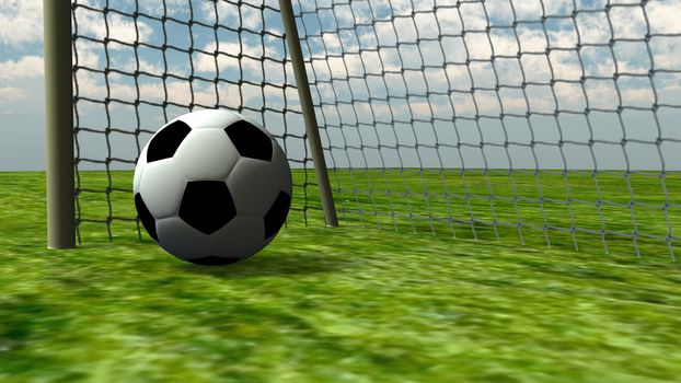 Soccer ball on green field with sky background