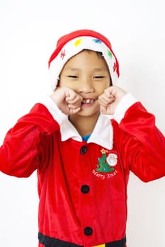 Asian little boy in red santa hat on white background