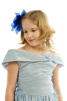Young Girl in Princess Dress Blue Bow in her Hair isolated on white background