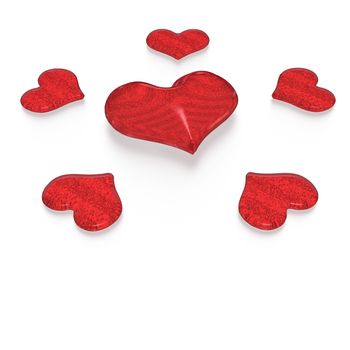 Red Valentine hearts isolated on white. Three dimensional render.