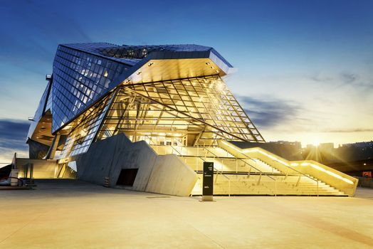 Confluences museum in Lyon city buy sunset, 