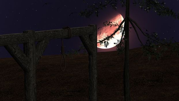Spooky background with gallow and crows at night with red moon