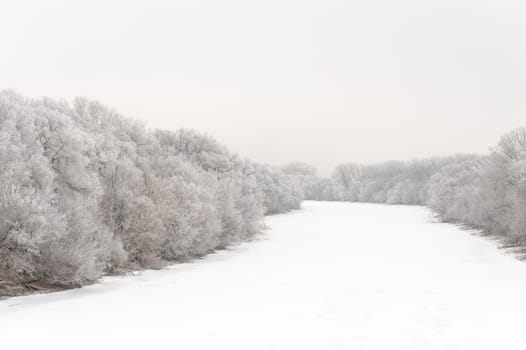 Oka river covered with ice and trees in rime frost