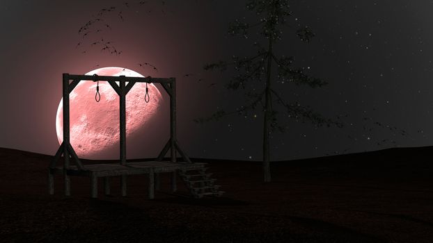 Spooky background with gallows and crows at night with red moon