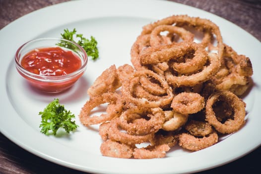 DEEP FRIED CALAMARI SQUID RINGS ON WHITE PLATE 