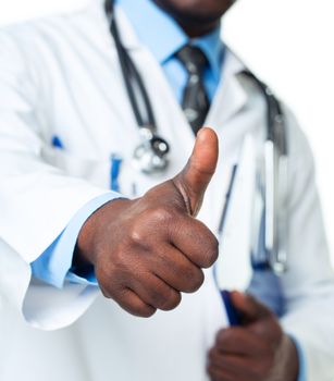 Doctor with thumb up on white background