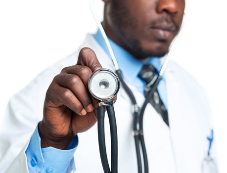 Doctor with a stethoscope in the hands on white background