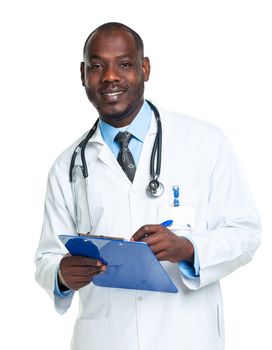 Portrait of a smiling male doctor writing in the notepad on white background