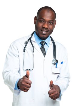 Portrait of a smiling male doctor with  finger up on white background