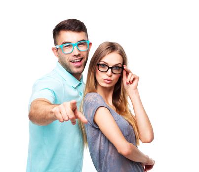 Beautiful young happy couple smiling, man and woman looking at camera, isolated over white background