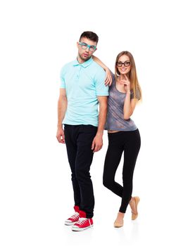 Beautiful young happy couple smiling, man and woman looking at camera, isolated over white background