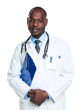 Portrait of a smiling male doctor holding a notepad on white background