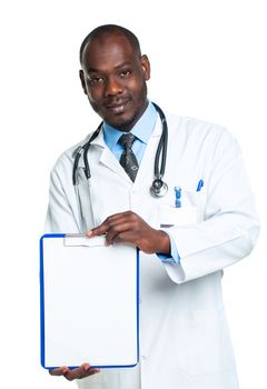 Young male smiling doctor showing clipboard with copy space for text on white background