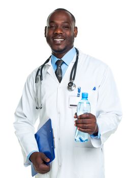 Portrait of a smiling male doctor holding bottle of water on white background