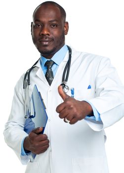 Portrait of a smiling male doctor holding a notepad and finger up on white background