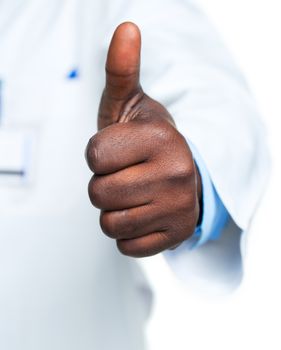 Doctor with finger up on white background