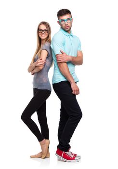 Beautiful young happy couple smiling, man and woman looking at camera, isolated over white background