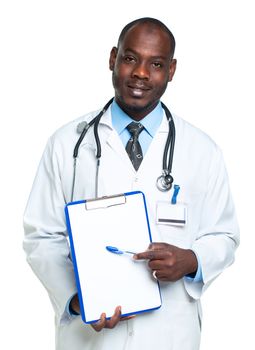 Young male smiling doctor showing clipboard with copy space for text on white