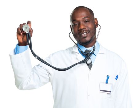 Doctor with a stethoscope in the hands on white background