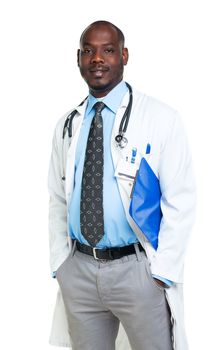 Portrait of a smiling male doctor holding a notepad on white background