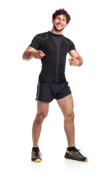 Athletic attractive man after fitness exersise on the white background