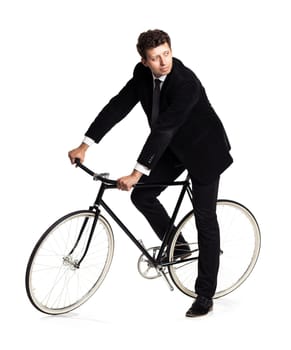 Attractive man in a classic suit with a bicycle on a white background