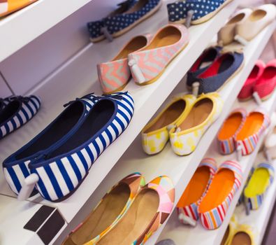 Background with shoes on shelves of shop