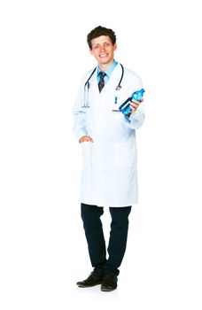 Portrait of a smiling male doctor holding bottle of water on white background