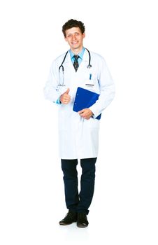 Portrait of a smiling male doctor holding a notepad and finger up on white background