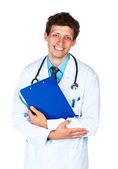 Portrait of a smiling male doctor holding a notepad on white background