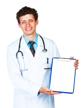 Young male smiling doctor showing clipboard with copy space for text on white