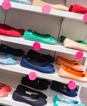 Background with shoes on shelves of shop