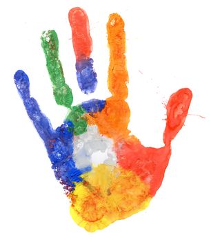 Close up of colored hand print on white background