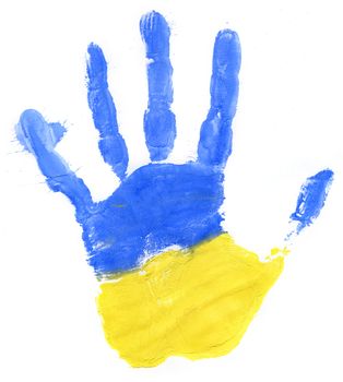 Handprint of a Ukrainian flag on a white background