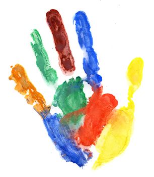 Close up of colored hand print on white background