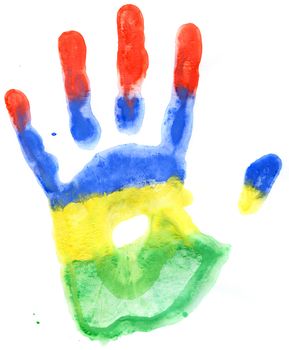 Handprint of a Mauritius flag on a white background