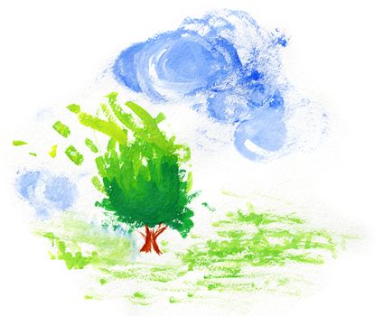 Children's drawing paints, summer landscape