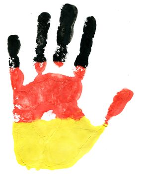 Handprint of a German flag on a white background