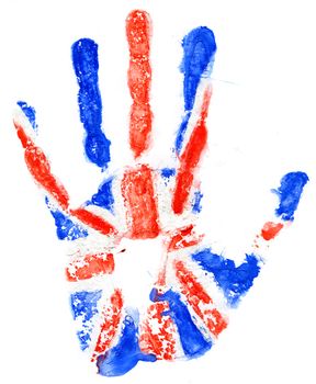 Handprint of a Great Britan flag on a white background