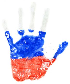 Handprint of a Russian flag on a white background