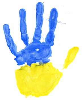 Handprint of a Ukrainian flag on a white background