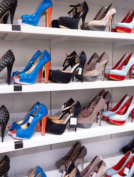 Background with shoes on shelves of shop