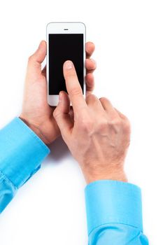 Businessman's hands using smartphone on white background