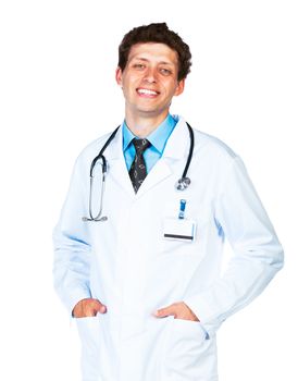 Portrait of the smiling doctor on a white background