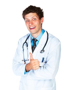 Portrait of a smiling male doctor with finger up on white background